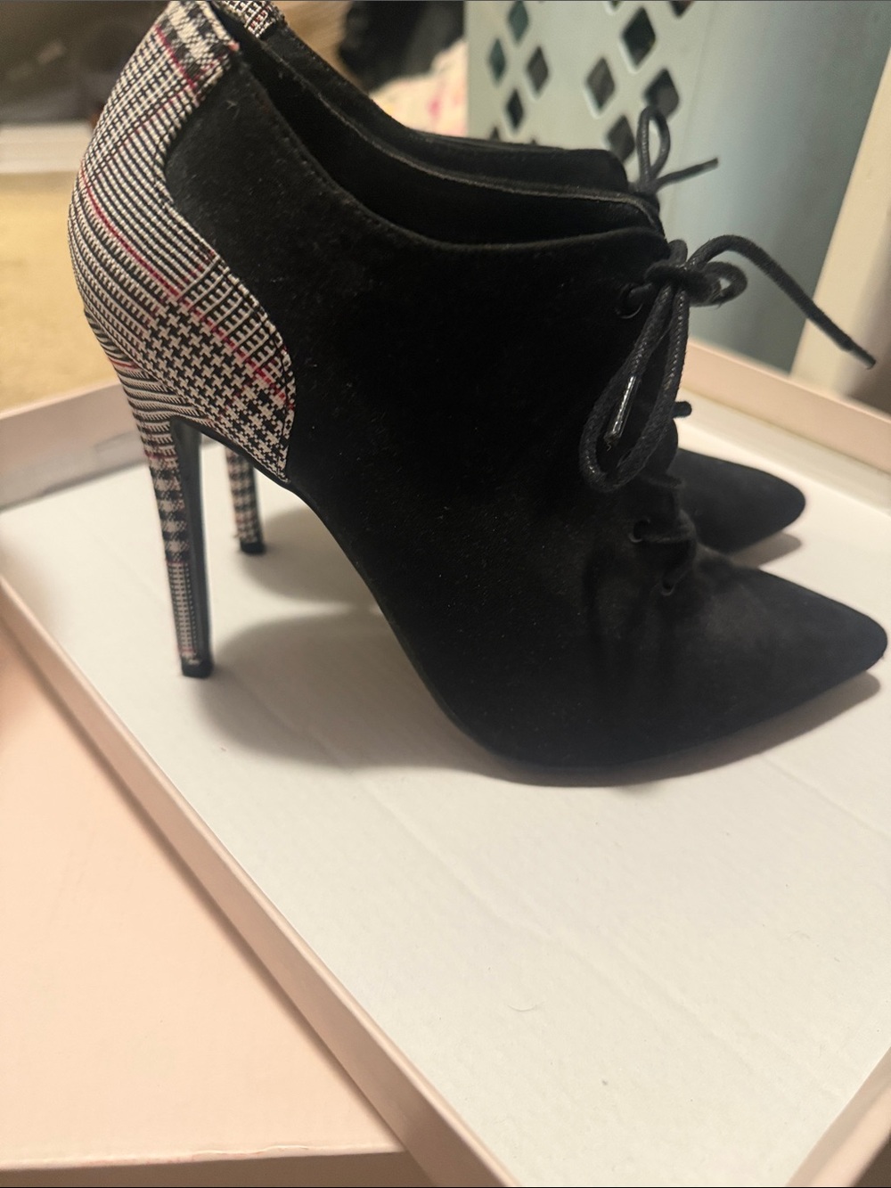 JustFab Black Suede Lace-Up Pointed Toe High Heel Booties with Plaid Heel